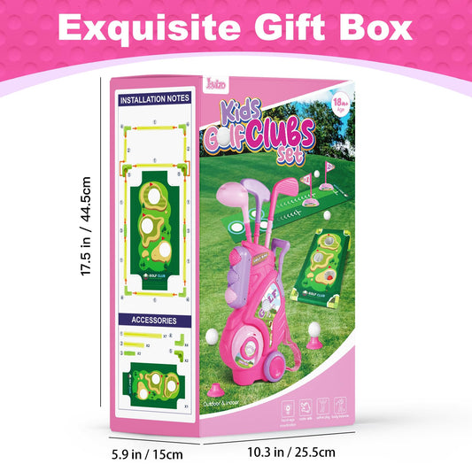 Jovizo Toddler Golf Set for Boys Girls 1 2 3 4 Years Old, Upgraded Kids Golf Cart with Putting Mat & Cornhole Board, Outdoor Indoor Sports Toys, Pink