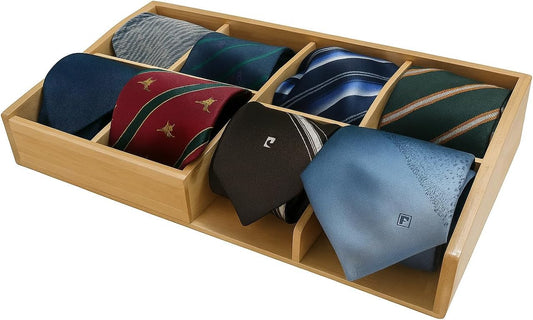 Belt Organizer for Closet and Drawer – 8 Compartments Bamboo Storage Box for Belts and Ties – Eco-Friendly Natural Bamboo