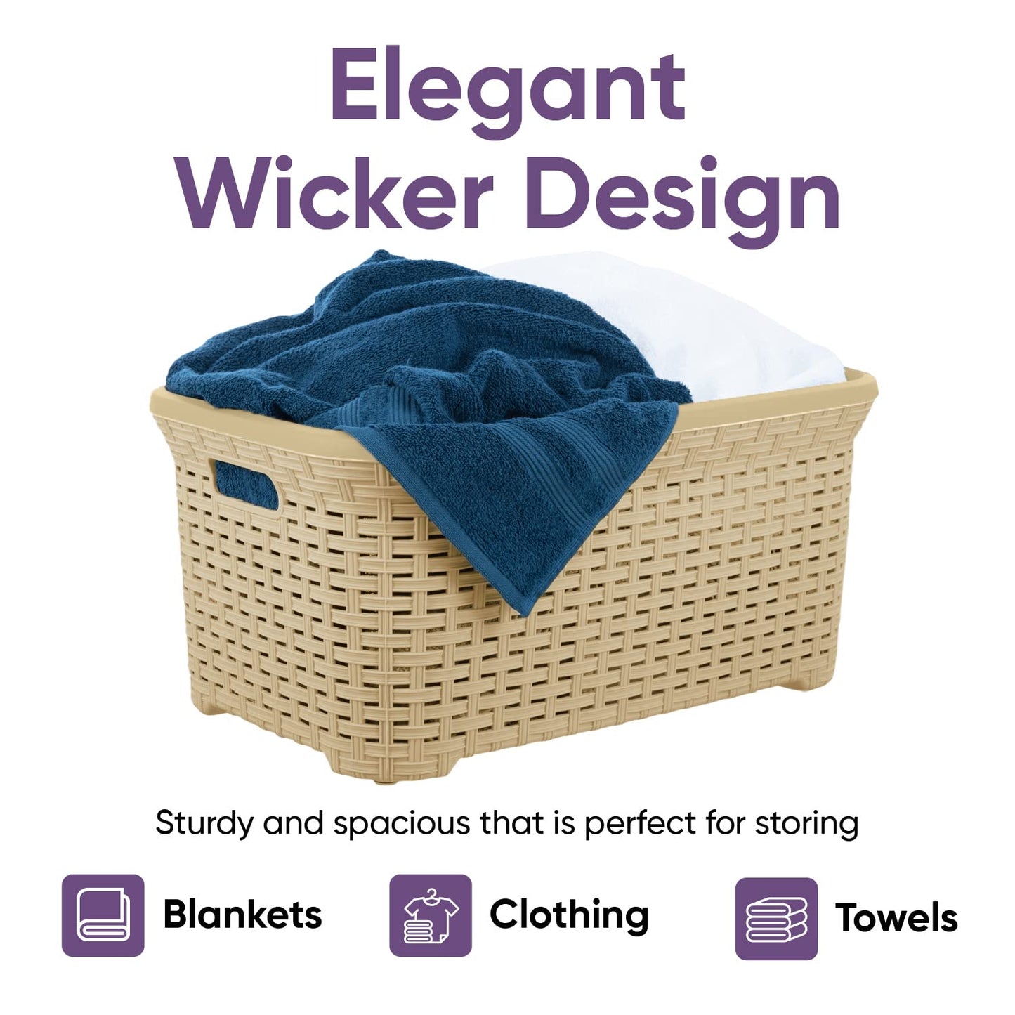 Superio Laundry Basket Plastic Storage Hamper Basket, Beige Cloths Basket Organizer with Cut-Out Handles. Space Saving for Laundry Room Bedroom Bathroom, Wicker Design 50 Liter (2 Pack)