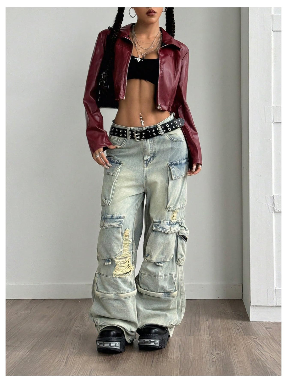 Verdusa Women's Motorcycle Leather Race Car Jacket Cropped Streetwear Lightweight Long Sleeve Outerwear Burgundy Small