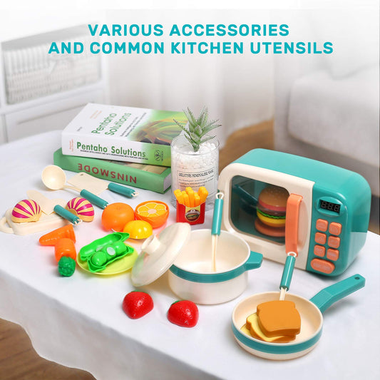 CUTE STONE Microwave Toys Kitchen Play Set, Kids Pretend Play Electronic Oven with Play Food, Kids Cookware Pot and Pan Toy Set, Cooking Utensils,Great Learning Kitchen Toys for Girls Boys
