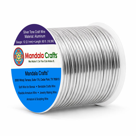 Mandala Crafts 12 Gauge Anodized Aluminum Craft Wire for Jewelry Making - 60 FT Colored Flexible Silver Tone Wire - Bendable for Bonsai Armature Crafting Sculpting