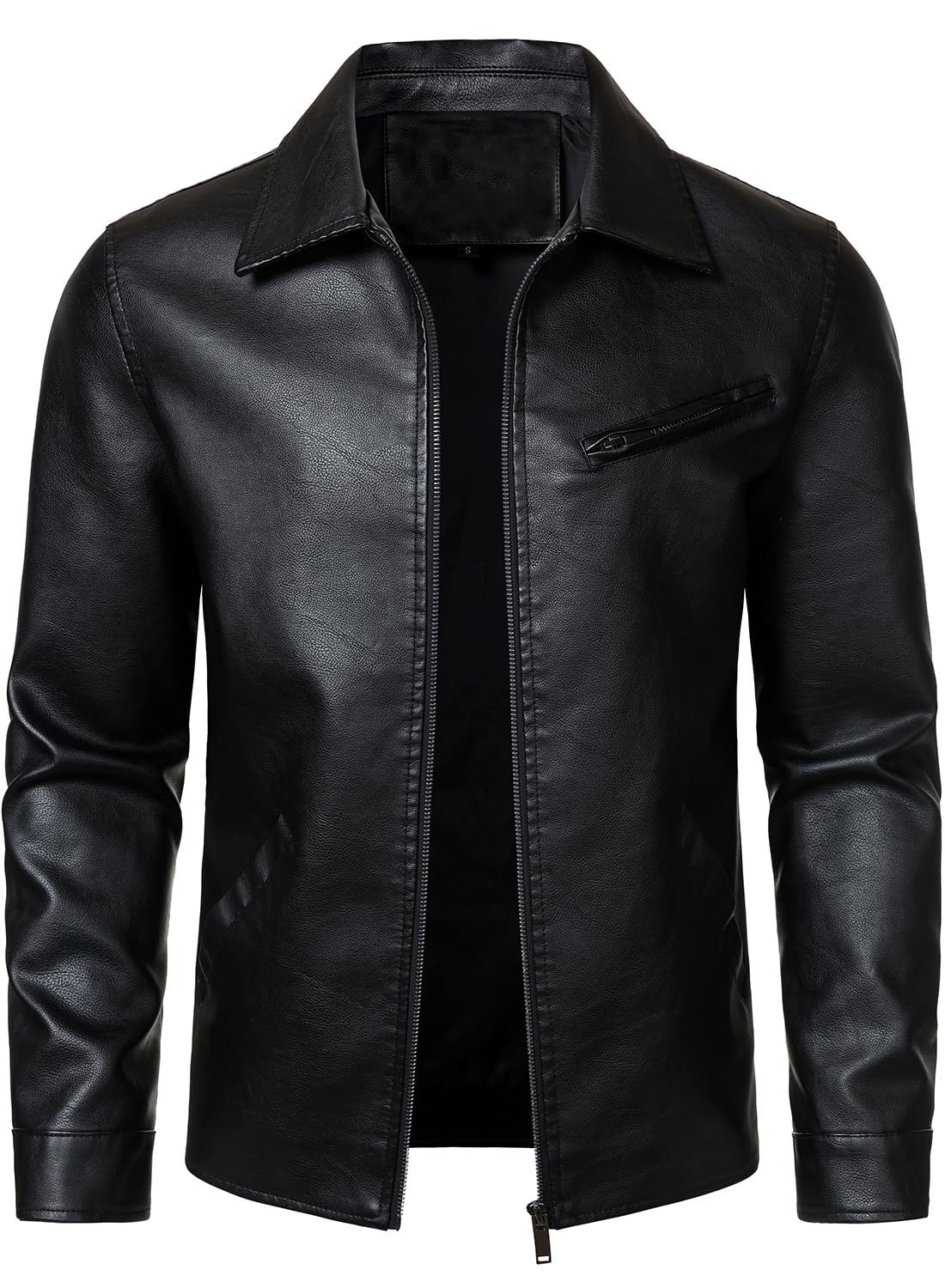 HOOD CREW Men’s Classic Faux Leather Jackets Turn Down Collar Leather Coat Lightweight Outerwear Biker Jacket Black M