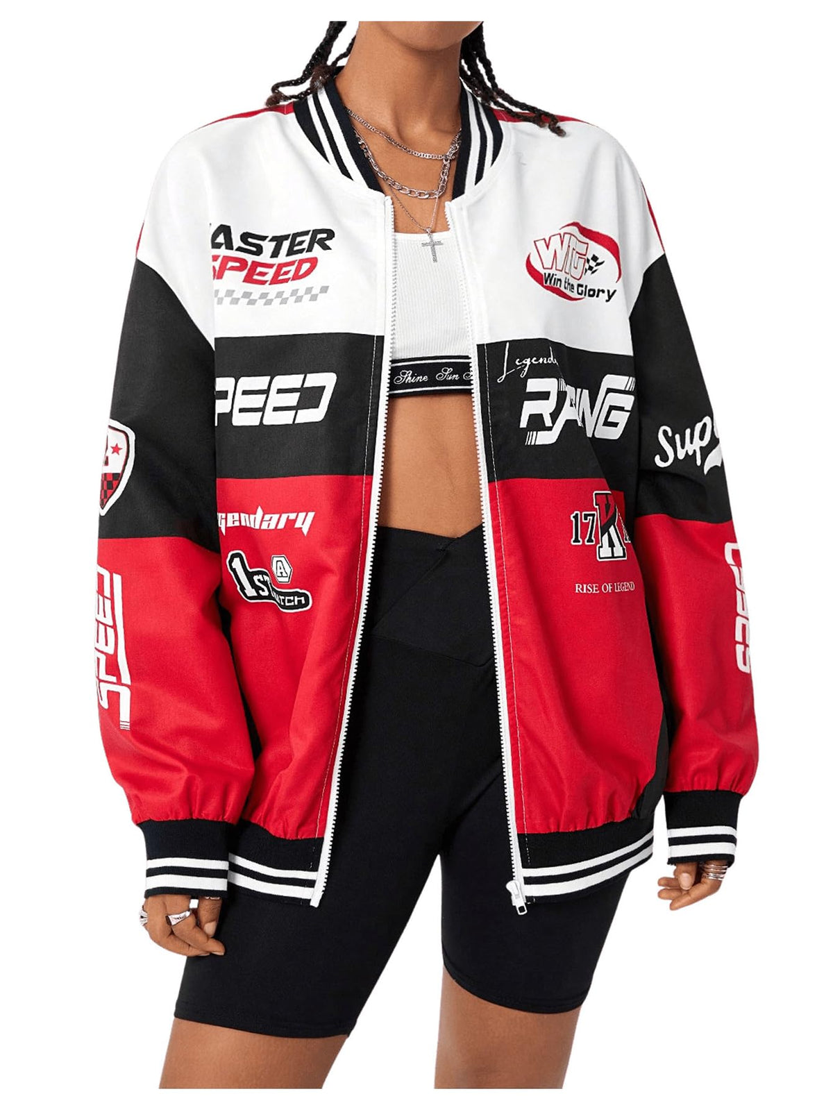 GORGLITTER Women's F1 Racing Y2k Letterman Nascar Varsity Bomber Jackets