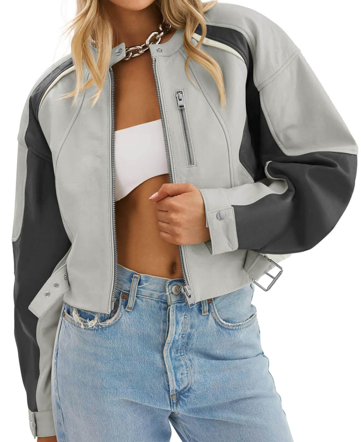 Tankaneo Womens Faux Leather Bomber Jackets Cropped Zip Up Color Block Fall Casual Moto Biker Coats