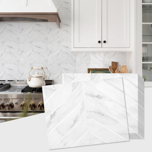 STICKGOO 10 Sheets Thicker Herringbone Peel and Stick Backsplash, 12.6”×9.7” Stick on Wall Tiles, Self Adhesive Tile Sticker for Kitchen Backsplash and Bathroom, White Marble
