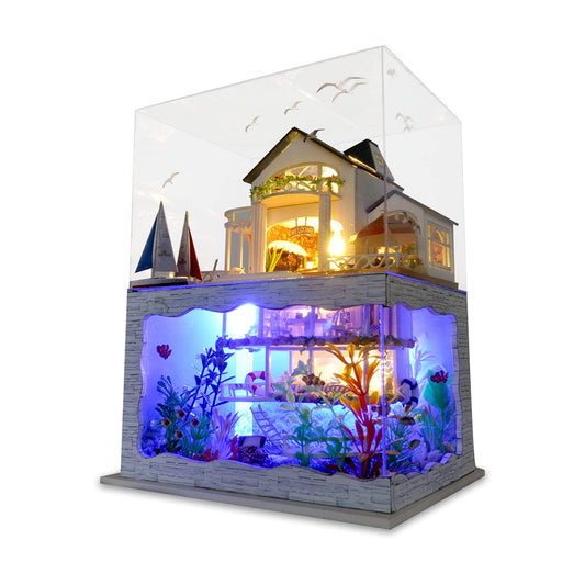 GuDoQi DIY Miniature Dollhouse Kit, Tiny House kit with Furniture and Dust Proof, Miniature House Kit 1:24 Scale Beachside Bungalow, Great Handmade Crafts Gift for Birthday Christmas Day