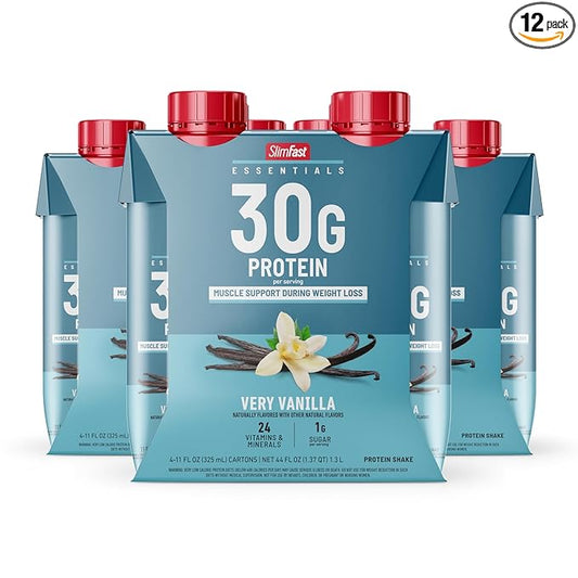 SlimFast Essentials 30g Vanilla Protein Shake, Protein Shakes Ready to Drink, Muscle Support, 1g Sugar, 24 Vitamins and Minerals, 1g Net Carbs, Very Vanilla, 12 Count