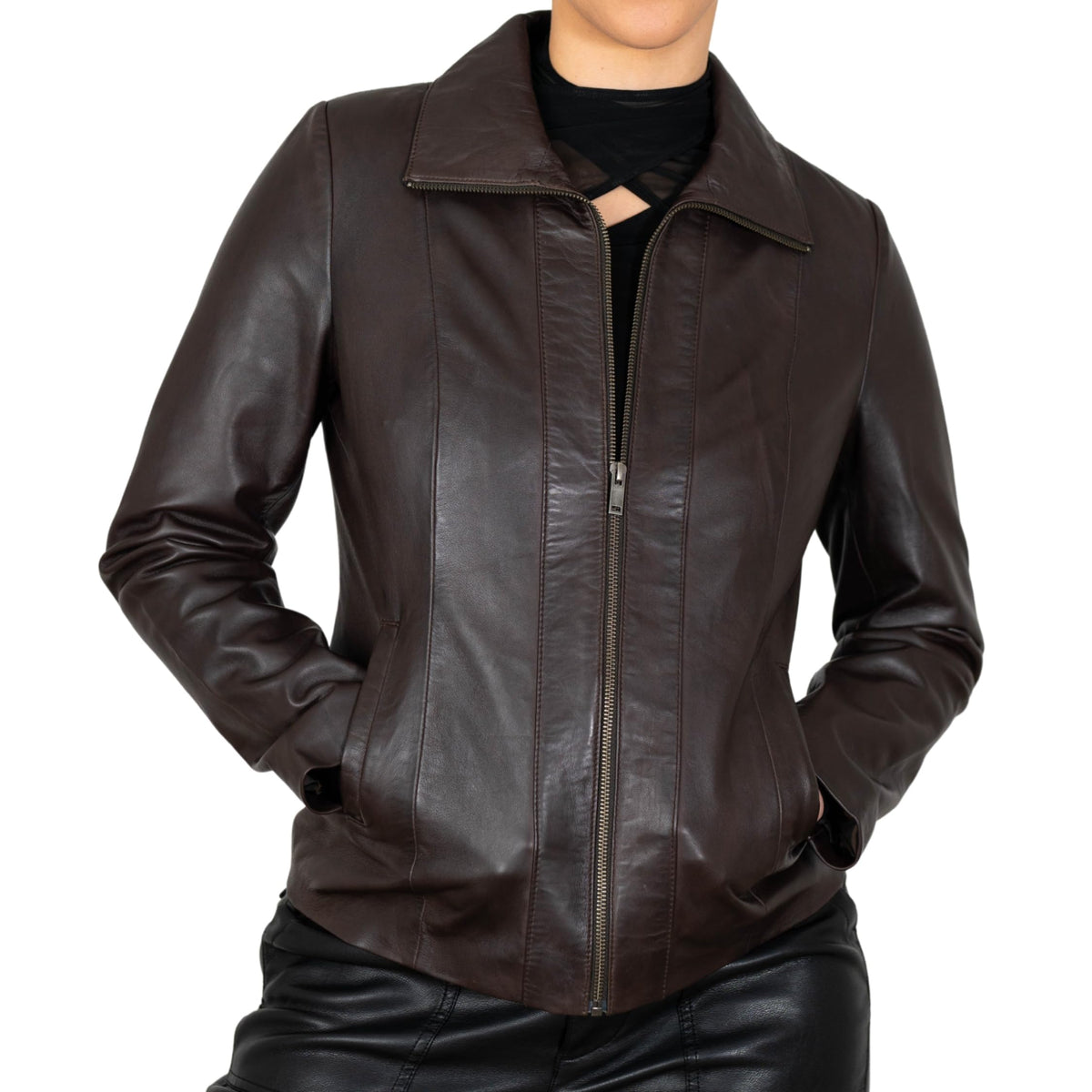 BRICK LANE Timeless Design Leather Jacket for Women | Genuine Lamb Nappa Leather Jacket (US, Alpha, XX-Large, Regular, Regular, Brown)