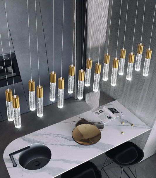 dolria 16-Lights Modern Crystal Rectangular Chandeliers LED Pendant Light for Kitchen Island High Ceiling Chandelier for Dining Room Entrance Foyer Living Room Gold