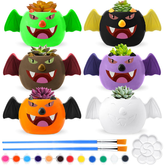 Pasimy 6 Set Ceramics to Paint DIY Ceramic Succulent Planter Pots Paint Your Own Flower Pots Craft Kit Unpainted Bisque Flowerpot with Brush Palette for Family Activity Holiday Gifts(Bat)