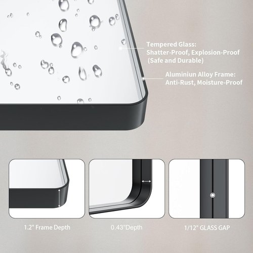 LOAAO Black Metal Framed Bathroom Mirror - 20x16 Inch Rounded Rectangle, Anti-Rust, Versatile Hanging Options
