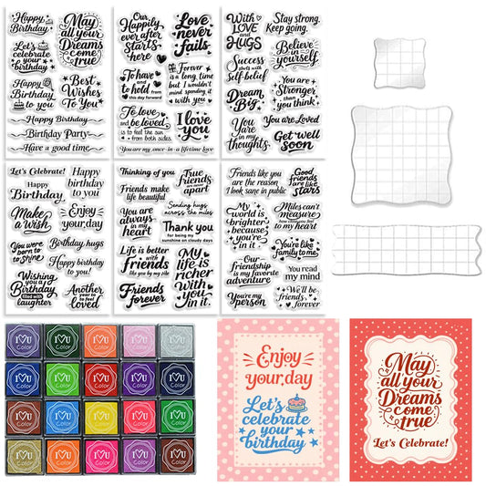 GLASSWINDS 6 Pcs Greeting Words Clear Stamps for Card Making Supplies 20 Ink Pad 3 Acrylic Stamp Block Silicone Stamp with Holiday Bless Happy Birthday Stamps for Crafting DIY Scrapbooking Journal