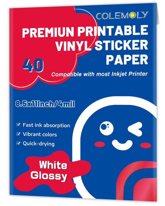 Colemoly Sticker Paper Glossy Printable Vinyl for Inkjet Printer 40 Adhesive Sheets White Decals Waterproof Quick Drying Tear and Scratch Resistance Labels Letter Size 8.5x11 in for Craft,Scrapbook
