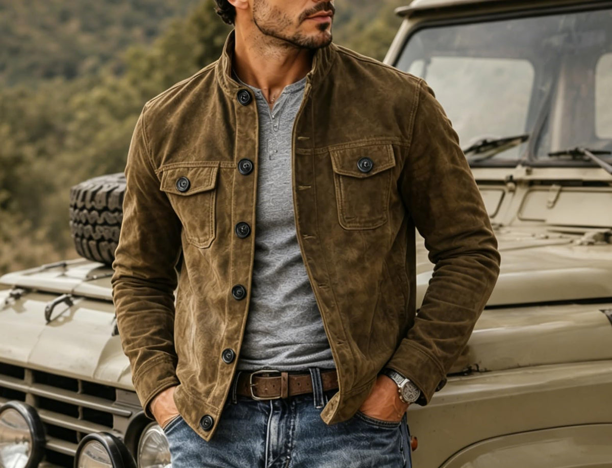 Men's Vintage Trucker Suede Leather Jacket Lightweight Casual Western Blazer Shirt Style Coat (Khaki，XL