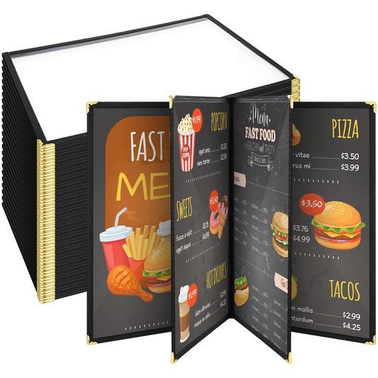 Cinnvoice 24 Pcs Restaurant Menu Covers 8.5 x 11 Inch Book Style 4 Page 8 View PVC Transparent Restaurant Menu Holder Book for Cafe Bar Hotel, Black
