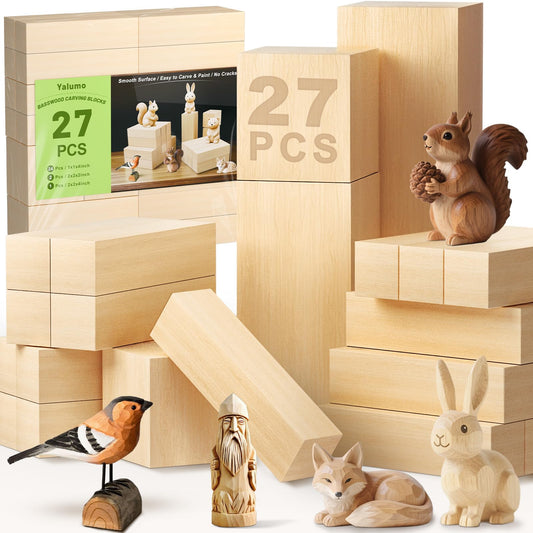 Yalumo 27 Pcs Basswood Carving Blocks, Whittling Wood Carving Kit with 3 Different Sizes and Pattern Sticker, Soft Unfinished Wooden Blocks for Crafts Beginners Adults