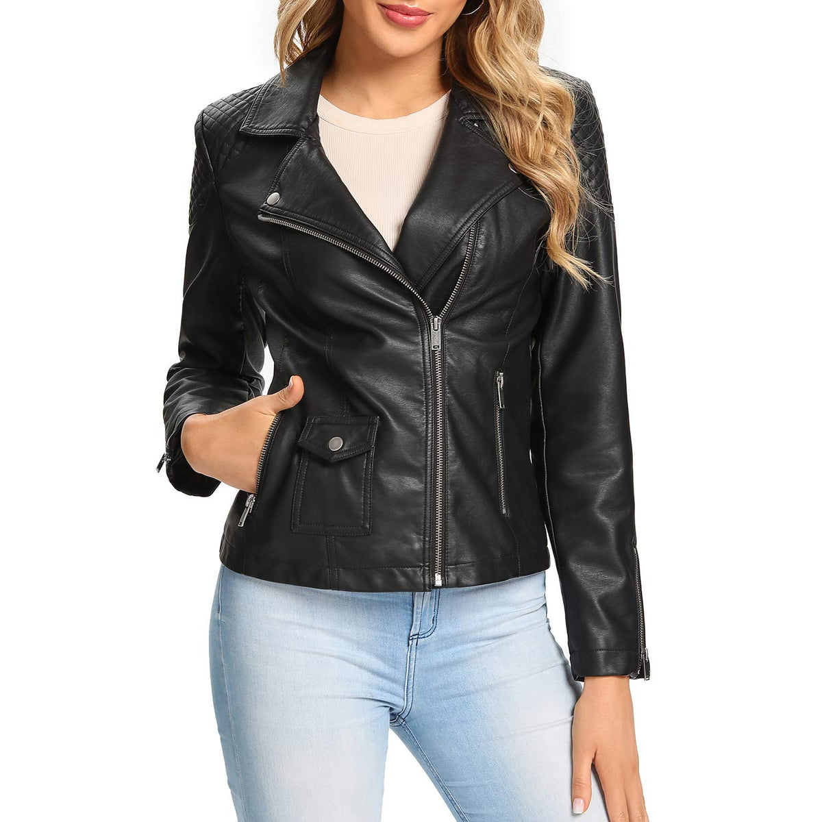 S P Y M Womens Faux Leather Jacket, Moto Biker Coat, Quilted Zip Up Outwear