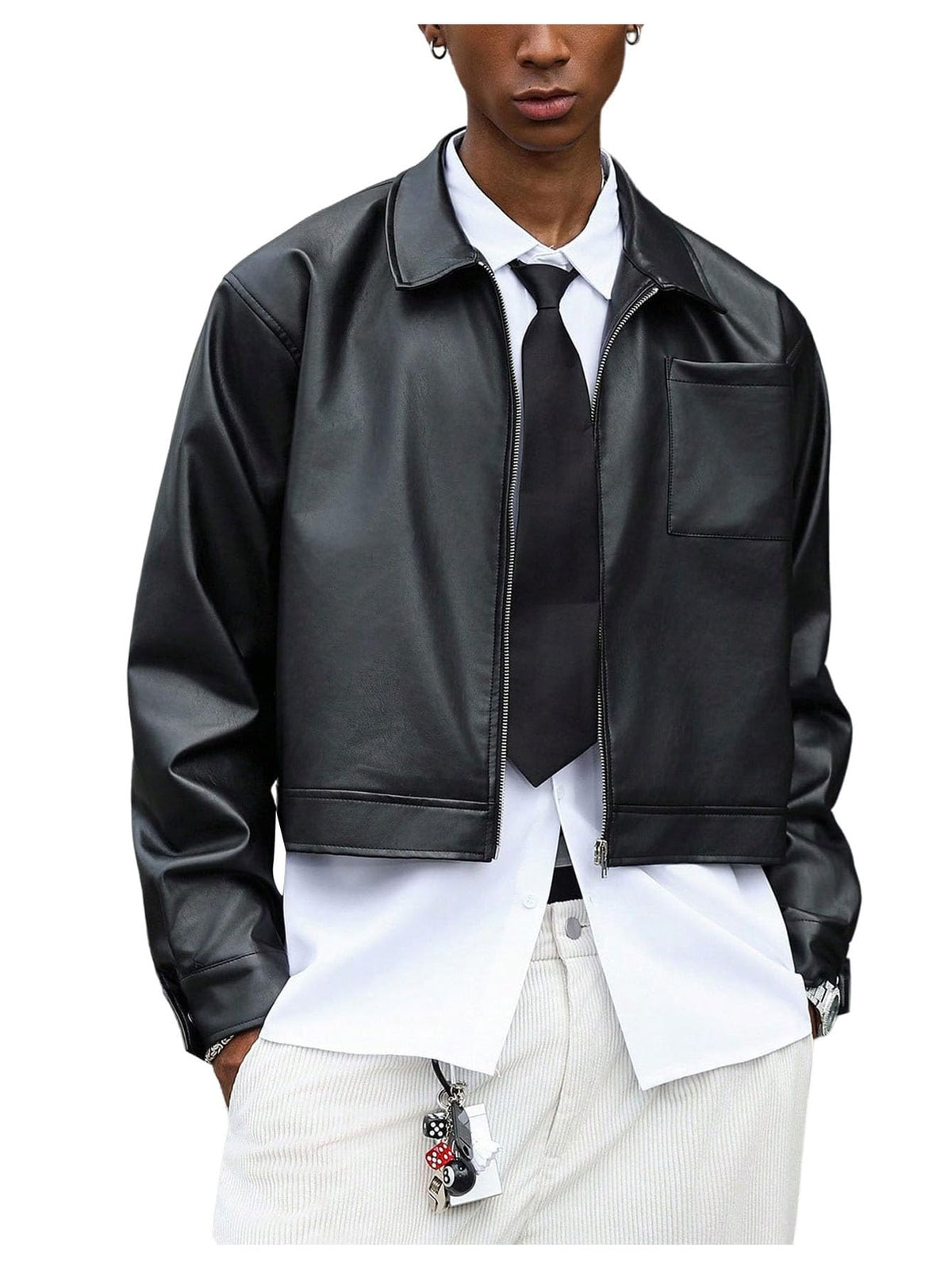 BEAUDRM Men's Faux Leather Jacket Long Sleeve Zip Up Collared Crop Biker Motorcycle Lightweight Coat Outerwear Solid Black Medium