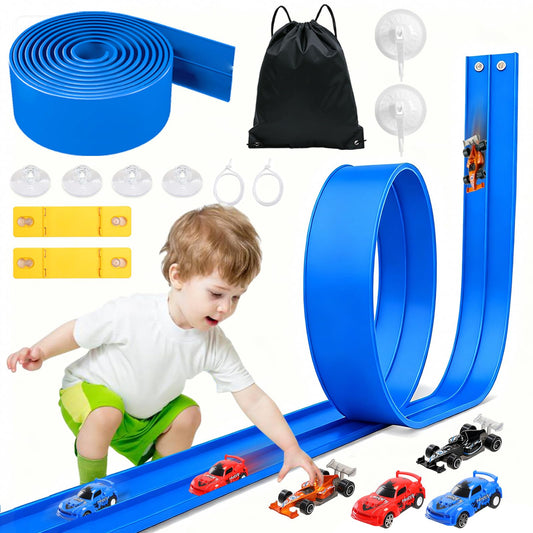 20 Ft Flexible Race Track Toys, Flex Race Car Ramp Track with 4 Race Cars & Suction Cups Rolls Up Portable DIY Race Track Anti Gravity Car Track Set,Kids Racecar Track Toy(Blue)