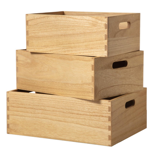 KIRIGEN Nesting Wood Crates with Handles, Set of 3 Decorative Storage Boxes, Farmhouse Shelf Bins for Pantry, Bathroom, Craft Room, Toys, Towels, Books, 15.75 x 11.8 x 5.9 in, Natural 3TH-NA