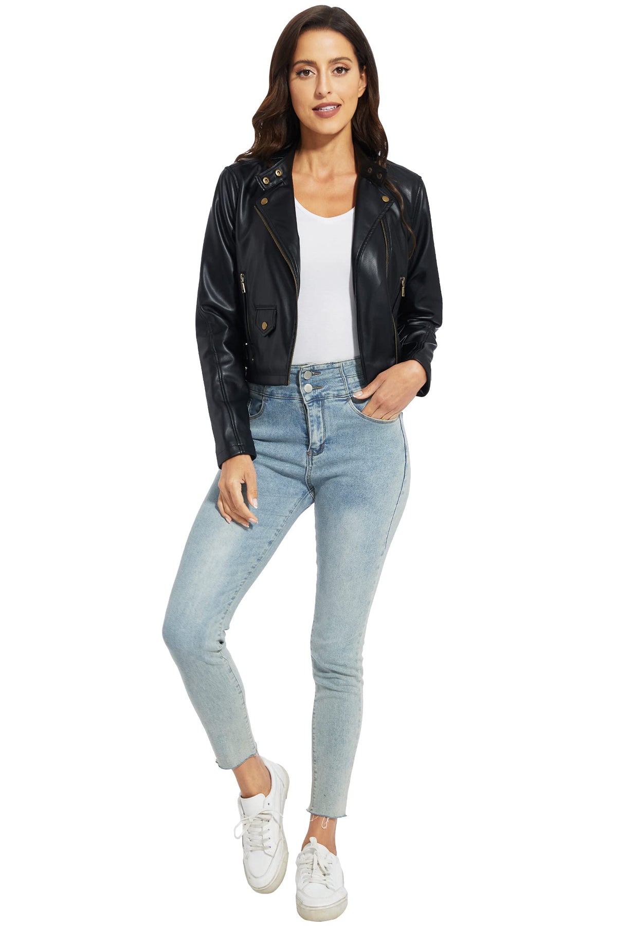 Fahsyee Faux Leather Jacket Women - Black Motorcycle Cropped Short Coat Moto Biker Blazer Slim Size Casual Soft Jackets Fashion M