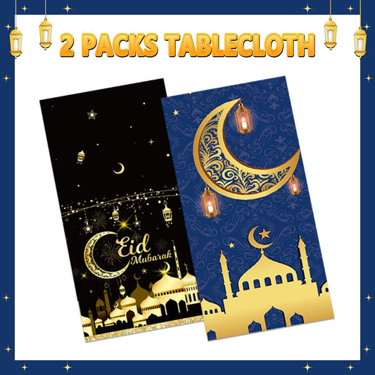 2PCS Eid Mubarak Tablecloths Ramadan Mubarak Table Cloths Eid Al-fitr Disposable Table Cover Islamic Eid Mubarak Decorations Moon Star Lantern Plastic Rectangle Tablecloth for Dinner Picnic 54"x108"