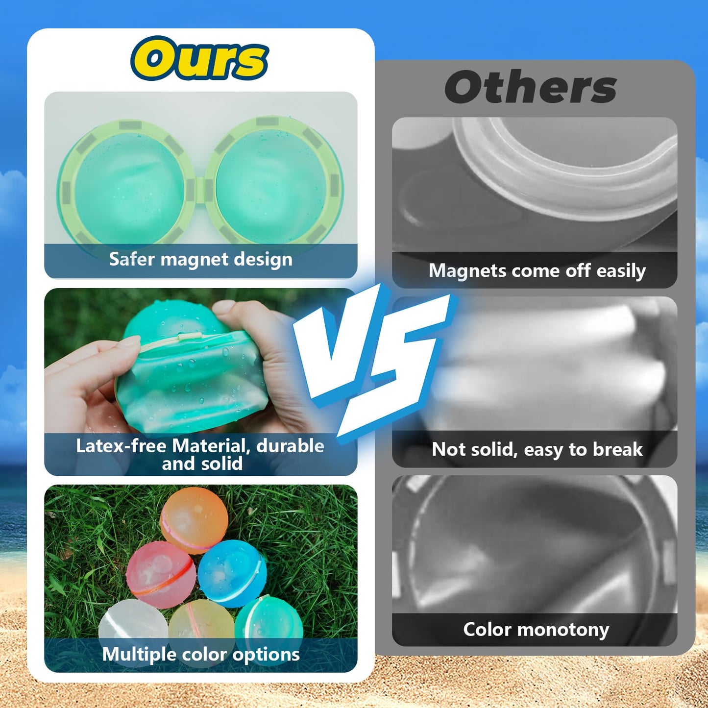 WABALLO 8 Pcs Reusable Water Bomb with Mesh Bag, Magnetic Self Sealing Water Splash Ball Quick Fill, Outdoor Pool Beach Toys for Kids Ages 3-12
