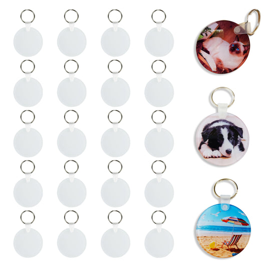 Epsubli 60 Pcs Sublimation Acrylic Keychain Blanks, 20 Acrylic with 20 Fixing Clips and 20 Key Rings for Heat Transfer Keychain Bag Decor Christmas Tree Decor, Home Gift Crafts Supplies (Round-20PCS)