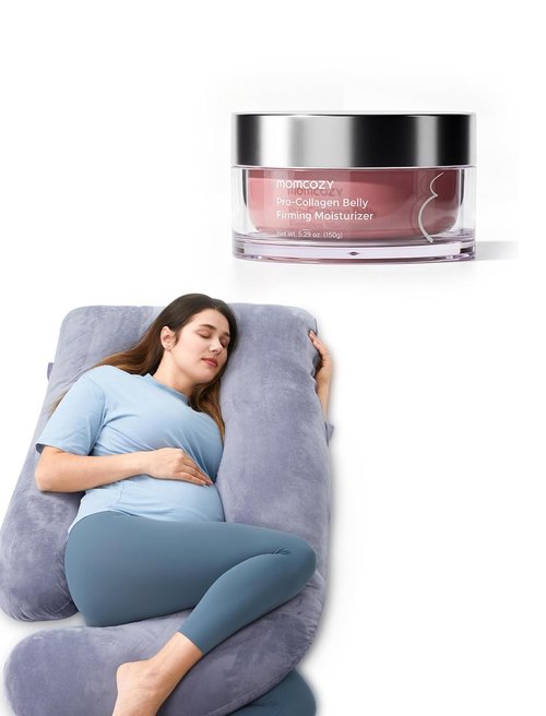 Momcozy Maternity Comfort Bundle - Full Body U-Shaped Pregnancy Pillow & Stretch Mark Cream | Essential Support Set for Expecting Mothers