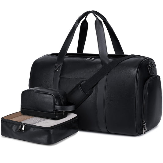 Wogarl 3PCS Leather Weekender Bag for Women Men: Large Overnight Travel Duffel Bags with Shoe Compartment Toiletry Packing Cube Carry On Tote Fit 21"(Black)