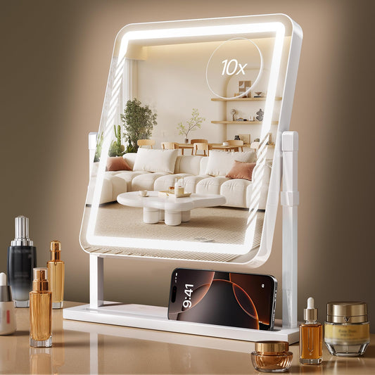Kcavvi Makeup Mirror with Lights, Height-Adjustable & 360° Rotation, 1/10X Magnification, Three Color Lighting Modes, Vanity Mirror Smart Touch Control, Large Vanity Desk Mirror (17.5in,White)