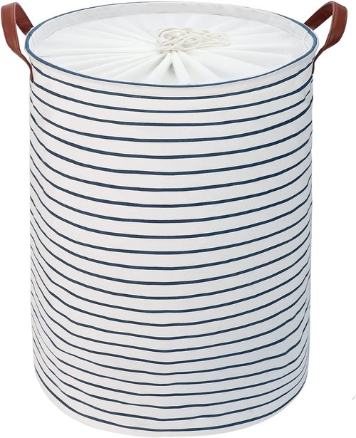 DOKEHOM Laundry Basket - 20-Inch Freestanding Hamper with Lid & Drawstring - Large Blue Stripe Design