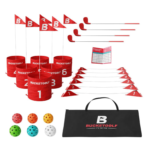 bucketgolf Game 6 Hole Bundle with Clubs - The Best Backyard Golf Game for All Ages and Levels Adults, Kids, Families, Schools, Yards, Parks, Beaches, Vacation. (4 Clubs (4 RH))