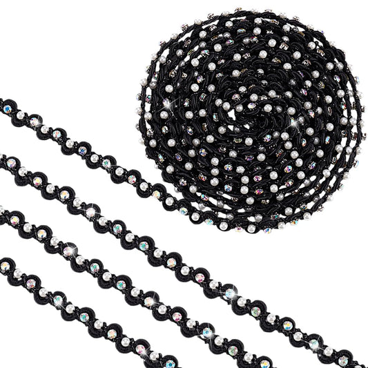 PH PandaHall 4 Yards Pearl Lace Trim 3/8 inch Black Wavy Lace Ribbon Pearl Fringe Rhinestone Fringe Applique Fabric Gimp Braid Ribbon for Costume Curtain DIY Craft Jewelry Party Halloween