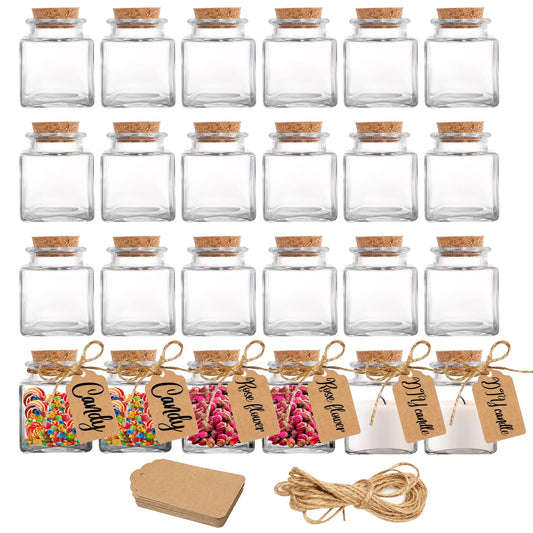 WYIPOLZI 24 Pack Mini Square Glass Jars with Cork Lids, 2 OZ Small Glass Candy Kar with with Label Tags and Srings, Cute Craft Jars for Sandy Art DIY Crafts Birthday Gift Christmas Wedding Party