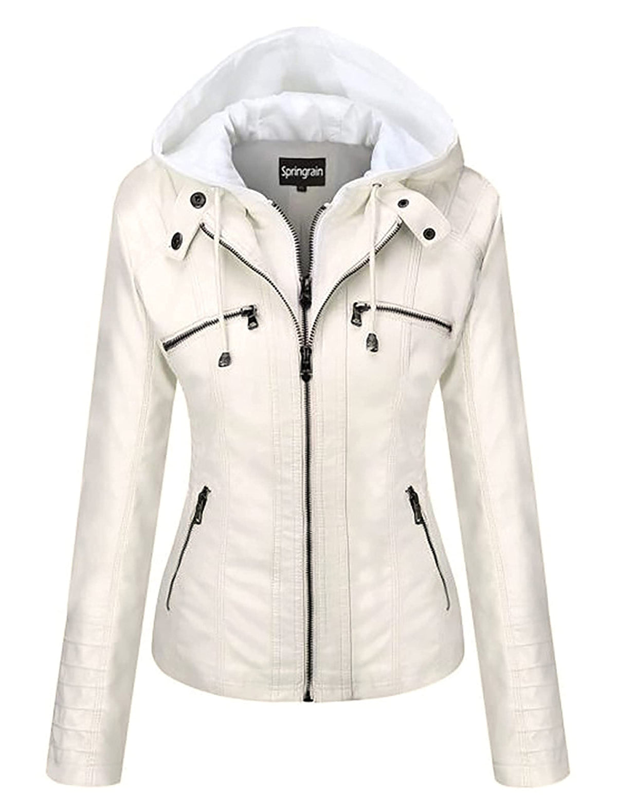 Springrain Women's Faux Leather Jacket Moto Biker Coat with Detachable Hood Motorcycle Jacket (Small, White)