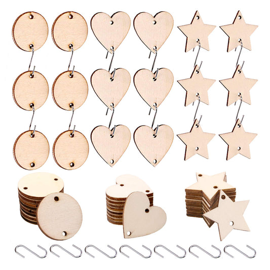 Glarks 240-Pieces 1.5 Inch Wooden Star/Circles/Heart Tags with Holes and Stainless Steel S Shaped Hook Connectors for Birthday Boards, Valentine, Decorations and DIY Crafts