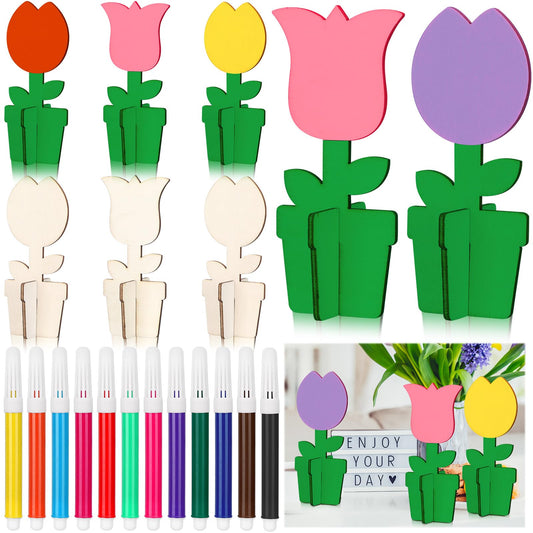 Huwena 36 Pcs Spring Crafts Set 24 Pcs Summer 3D Wooden Flower Cutouts Earth Day Unfinished Tulip Slices Wood Flower to Paint with 12 Colored Pens for Mother's Day Floral Handmade Craft DIY Project