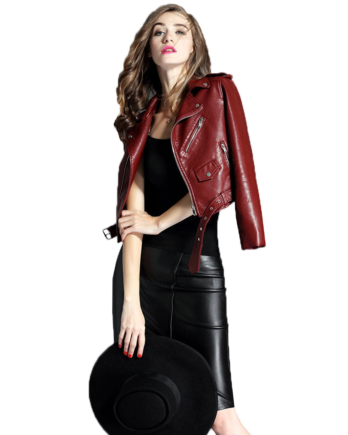 LY VAREY LIN Fitaylor Women's Faux Leather Motorcycle Jacket PU Slim Short Biker Coat (M, Wine Red)