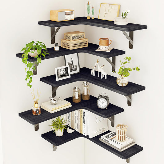 Fixwal Corner Shelves Floating Shelves for Wall Bathroom Kitchen Bedroom Home Decor Laundry Room Living Room Set of 5 (Black)