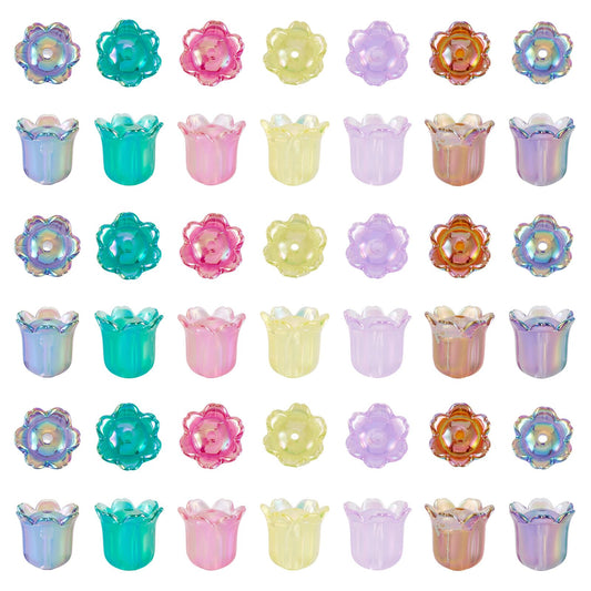FASHEWELRY 50Pcs Acrylic Flower Beads Caps, Iridescent Colorful Transparent Lily Tulip Flower Bell Beads for DIY Tassel Earring Wind Chimes Craft Jewelry Making