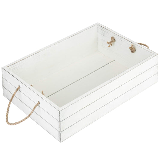 MyGift Vintage White Wood Decorative Storage Organizer Bin with Rope Handles, Open Top Small Crate Box for Bathroom Accessories, Books, Crafts, Fruits