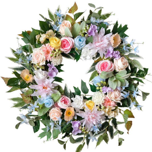 Idyllic 22 Inch Spring Wreath for Front Door with Pink Blue Roses and Hydrangeas Romantic Artificial Flower Wreath for Indoor Outdoor Wedding Porch and Wall Decor