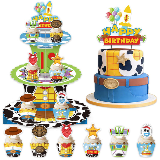 26Pcs Cartoon Story Birthday Party Decorations Including Cake Stand Cupcake Wrappers Cupcake Topper Cake Topper