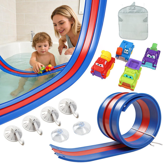 Bathtub Race Track Race Car Bath Toy Set,12PCS Kids Bath Toys，Three-Track Suction Cup Flexible Race Track Toys for Kids,Racing Gifts,Compatible with Hot Wheels & Diecast 1/64th Cars,Including net Bag