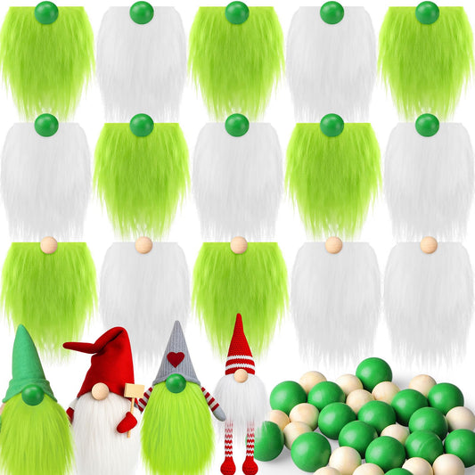 Tudomro 15 Pcs Gnome Beards for Crafts Valentine's Day Faux Fur Fabric Precut Gnomes Beards Handmade 30 Pcs Wood Balls for Christmas Halloween Easter Independence Day(White,Green)