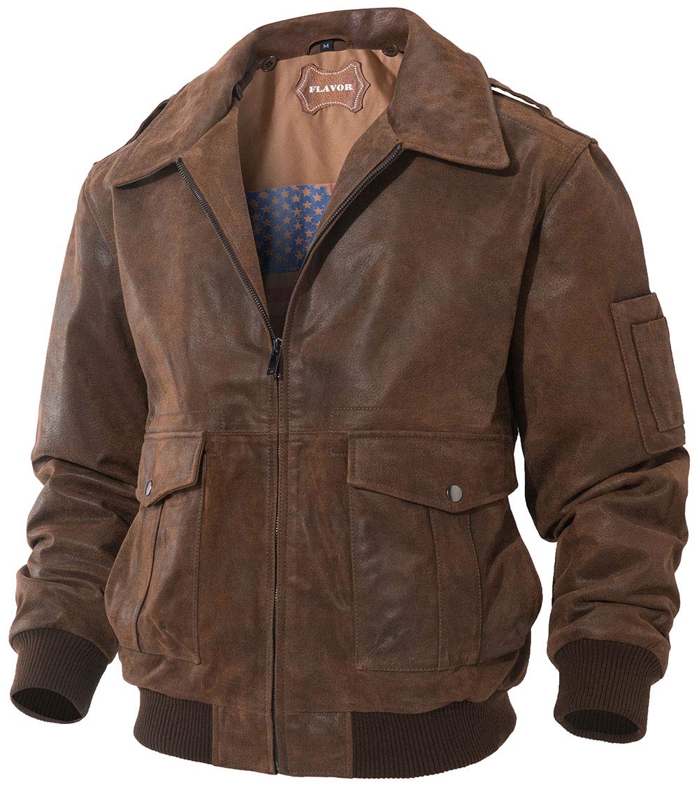 FLAVOR Men's Leather Flight Jacket Bomber Air Force Aviator (Brown, Medium)