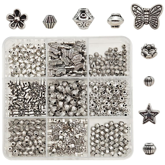 INSPIRELLE 450 Pieces Metal Alloy Spacer Beads Antique Silver Flower Butterfly Star Shaped Loose Beads for Jewelry Making and Crafting
