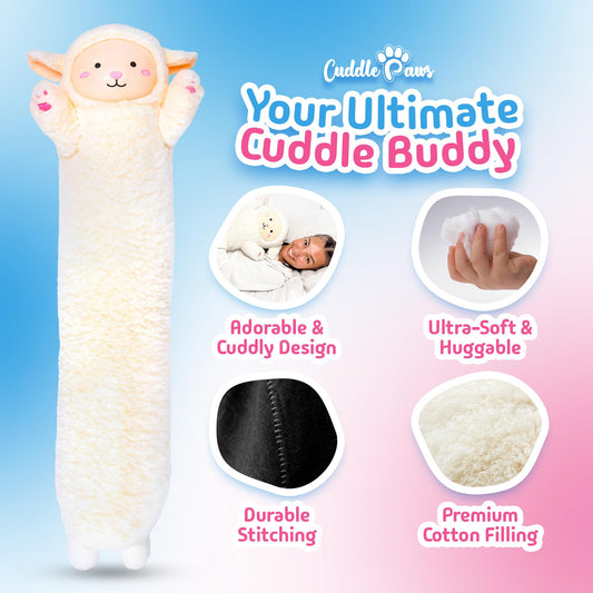 Cuddle Paws Lamb Plush Body Pillow for Kids | Long Stuffed Animal Cuddle Pillow | Soft Hugging Toy | Plushie Gift for Girls & Boys | Long Plush Body Pillow for Sleep & Comfort | Medium, 35 Inches